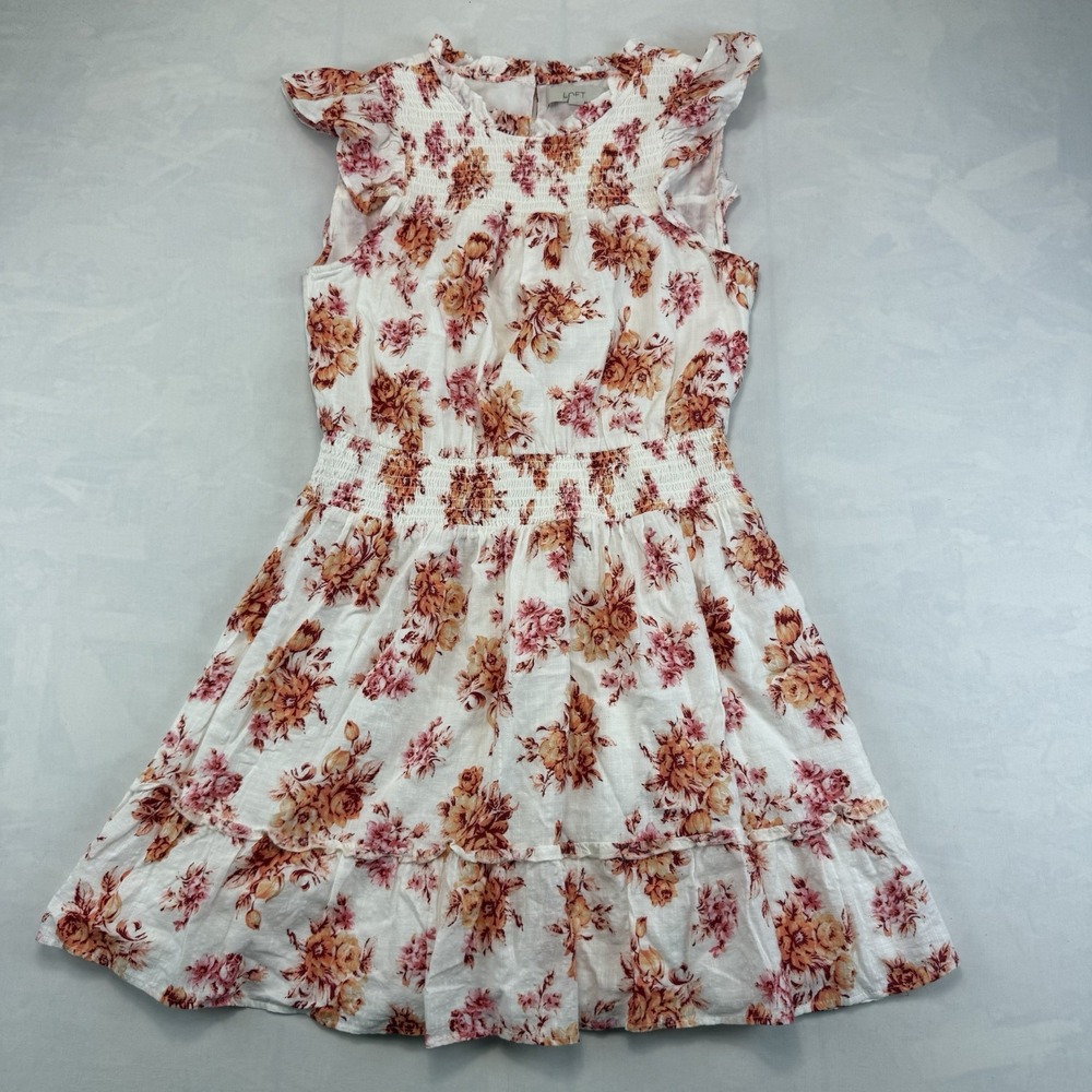 LOFT Floral Smocked Dress M Ivory Rust Ruffle Tiered Cottagecore Summer